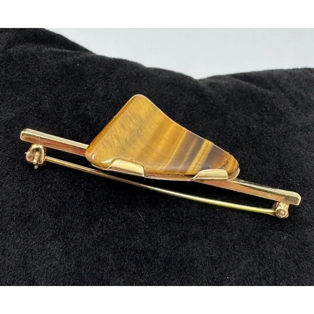 Vintage 14k‎ Yellow Gold Polished Stone Tigers Eye Brooch Pin Estate Jewelry